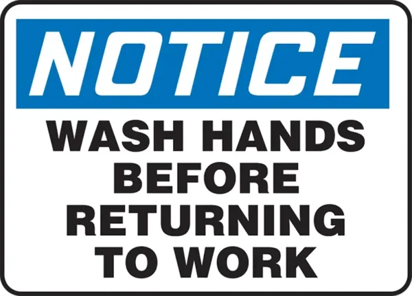 Notice: Wash Hands Before Returning To Work - OSHA Safety Sign