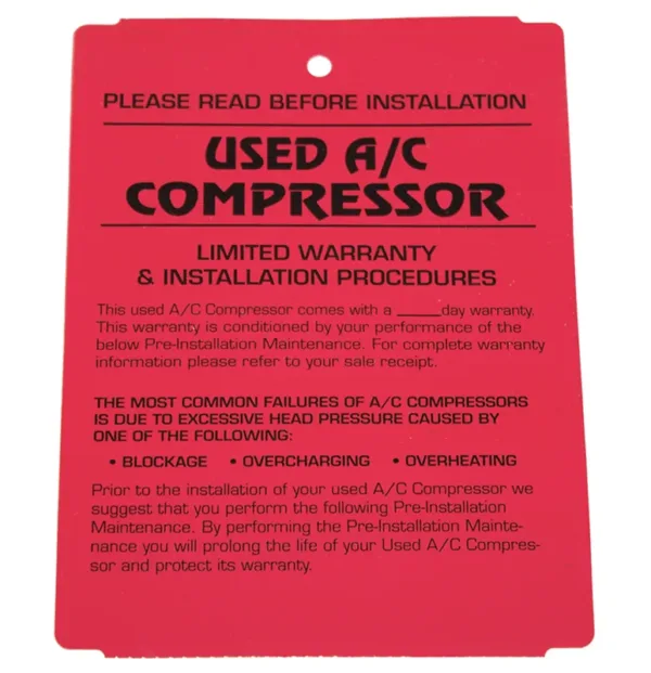 'Used A/C Compressor' Pre Installation Tags - 250 Tags/Box